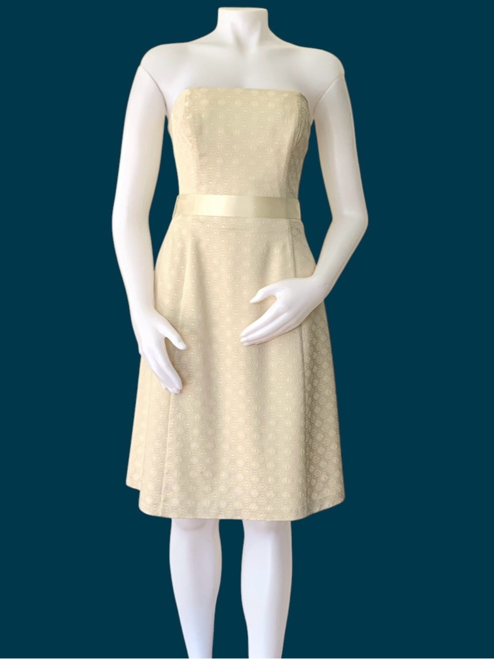 cream WHBM brocade strapless cocktail dress with satin ribbon